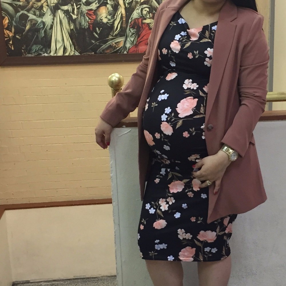 ASOS BLACK FLORAL MATERNITY DRESS-MIDI-Bubble Hem